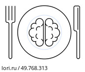 A simplistic black and white illustration of a brain on a dinner plate, flanked by a fork and knife. Ideal for healthy mind, nutrition, mental health, education, cognitive enhancement. Clean lines, mi. Creative Concept of Brain Food Symbolized as a Brain on a Dinner Plate with Cutlery. Стоковая иллюстрация, агентство Ingram Publishing / Фотобанк Лори