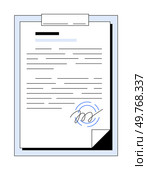 A document on a clipboard with a signature signifies completion. Ideal for office environments, administrative tasks, legal agreements, formal communication, workplace organization. Simple, clean, mod. Signed Document on Clipboard Symbol of Agreement, Administrative Tasks, and Office Work. Стоковая иллюстрация, агентство Ingram Publishing / Фотобанк Лори