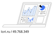 Open laptop with various data visualizations such as line graphs, bar charts, and pie charts on the screen. Ideal for business analytics, data science, market research, reporting, and financial planni. Laptop Displaying Graphs, Charts, and Data Visualizations for Business Analysis and Monitoring. Стоковая иллюстрация, агентство Ingram Publishing / Фотобанк Лори