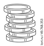 A pile of six coins stacked vertically. Ideal for themes such as finance, saving money, investment, economy, and wealth. Clean outline style. Simple yet effective visual.. Stack of Six Coins Depicting Money, Savings, and Financial Concepts in Simple Black and White Outline Style. Стоковая иллюстрация, агентство Ingram Publishing / Фотобанк Лори