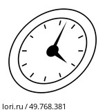 Plain clock face with thin hour markers, black minute and hour hands, and an oval shape slightly tilted to the right. Ideal for time management, punctuality, productivity, efficiency, scheduling. Mini. Simple Clock Face with Black Minute and Hour Hands in a Tilted Oval Shape. Стоковая иллюстрация, агентство Ingram Publishing / Фотобанк Лори