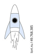 Rocket ship with pale blue and white color scheme, taking off with exhaust smoke depicted underneath. Simplified, iconic style. Ideal for space exploration, innovation, technology, adventure, startups. Blue and White Rocket Ship Taking Off with Exhaust Smoke. Стоковая иллюстрация, агентство Ingram Publishing / Фотобанк Лори