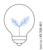Light bulb with plant sprout inside. Ideal for innovation, sustainability, green energy, eco-friendly solutions, and environmental consciousness. Minimalist style, clean graphic.. Light Bulb with Plant Inside Embracing Innovation and Sustainability for a Greener Future. Стоковая иллюстрация, агентство Ingram Publishing / Фотобанк Лори