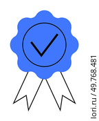 Blue ribbon with a check mark emblem signifies achievement. Ideal for awards, certification, quality assurance, recognition, and standards. Simple modern style.. Blue Ribbon with Check Mark Emblem for Achievement, Certification, and Quality Assurance. Стоковая иллюстрация, агентство Ingram Publishing / Фотобанк Лори