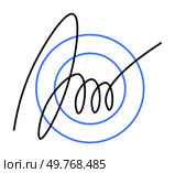 Abstract black spiral line with arcs ends centered on blue concentric circles. Ideal for minimalism, modern art, creativity, simplicity, digital art. Simple abstract vector set on white.. Abstract Black and Blue Spiral Line Art with Concentric Circles in Minimalist Style. Стоковая иллюстрация, агентство Ingram Publishing / Фотобанк Лори