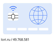 A blue card with a microchip, wireless symbol, and globe icon. Ideal for digital payments, global connectivity, data security, modern identification, and technology. Simple vector art style.. International Smart Card with Microchip and Wireless Technology Symbol in Minimalistic Design. Стоковая иллюстрация, агентство Ingram Publishing / Фотобанк Лори