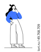 A woman with long hair and casual attire is standing with one hand on her chin, appearing thoughtful. Ideal for creative thinking, decision making, contemplation, casual lifestyle, and modern fashion. Thoughtful Woman with Hand on Chin Pondering Ideas While Dressed Casually in Blue Sweater and White Pants. Стоковая иллюстрация, агентство Ingram Publishing / Фотобанк Лори