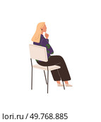 A blonde woman sitting on a chair with her chin resting on her hand in a thoughtful pose. Ideal for themes such as contemplation, relaxation, introspection, mindfulness, and waiting. Minimalist flat. Thoughtful Woman Sitting on a Chair in Contemplative Pose. Стоковая иллюстрация, агентство Ingram Publishing / Фотобанк Лори