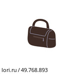 A compact brown travel bag with a handle and front zipper pocket placed against a white background. Ideal for travel, organization, style, simplicity, and portability. Modern minimalist style. Small Travel Bag on White Background Emphasizing Practical Design and Functionality. Стоковая иллюстрация, агентство Ingram Publishing / Фотобанк Лори