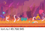 A vibrant and surreal alien landscape filled with unusual plants, creatures with tentacles, and floating elements in a mix of purple, pink, and orange hues. Ideal for fantasy themes, sci-fi settings. Fantasy Alien Landscape with Strange Creatures and Plants in a Surreal Environment. Стоковая иллюстрация, агентство Ingram Publishing / Фотобанк Лори
