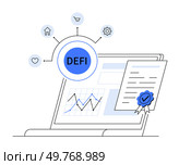 Computer screen with financial graph, smart contract, DeFi hub, and small related icons. Ideal for finance, blockchain, cryptocurrency, smart contracts, digital economy. Simple vector style.. Decentralized Finance DeFi Concept with Smart Contract and Financial Graph on Computer. Стоковая иллюстрация, агентство Ingram Publishing / Фотобанк Лори