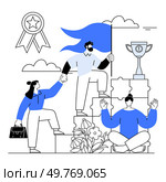 Three figures collaborate to achieve goals one holds a flag, another helps their colleague, and the third meditates. Ideal for teamwork, success, collaboration, achievements, motivation. Simple. Teamwork and Achievement Concept with Trophy and Flag. Стоковая иллюстрация, агентство Ingram Publishing / Фотобанк Лори
