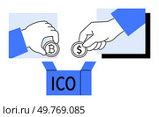 Two hands holding cryptocurrency coins Bitcoin and USD are dropping them into a box marked ICO . Ideal for blockchain, cryptocurrency, investment, ICO, and fintech themes. Simple modern vector. Hands Holding Cryptocurrency Coins and Dropping into ICO Box for Blockchain and Investment Concept. Стоковая иллюстрация, агентство Ingram Publishing / Фотобанк Лори