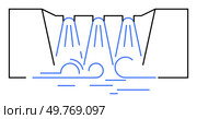 Dam structure with cascading water. Ideal for engineering, water management, renewable energy, sustainability, and environmental protection concepts. Simple line art style.. Water Dams and Flowing Streams of Water Represented in Simple Line Art. Стоковая иллюстрация, агентство Ingram Publishing / Фотобанк Лори