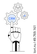 Robotic hand points at CRM button among gears showing users and growth chart. Ideal for automation, customer relationship management, business optimization, technology in business, and data-driven. Robotic Hand Interacting with CRM Settings and Growth Analytics. Стоковая иллюстрация, агентство Ingram Publishing / Фотобанк Лори