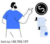 A man points at a dollar sign with an invoice nearby. Ideal for finance, budget planning, accounting, billing, and economic education themes. Simple flat style with blue and black colors. Man Pointing at Dollar Sign and Invoice Represents Financial Management. Стоковая иллюстрация, агентство Ingram Publishing / Фотобанк Лори