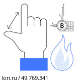 A hand gesture with a bidirectional arrow, a blockchain symbol with a Bitcoin logo, and a flame icon. Ideal for technology, cryptocurrency, blockchain, innovation, digital trends. Simple modern style. Hand Gesture with Blockchain and Flame Icons Modern Symbolism in Technology and Cryptocurrency. Стоковая иллюстрация, агентство Ingram Publishing / Фотобанк Лори