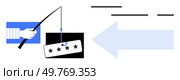 A hand holds a fishing rod with a hook catching a password, indicating a phishing attempt. Includes arrows and abstract elements. Ideal for cybersecurity, phishing awareness, online security, digital. Hand Holding Fishing Rod Hook Catches Password Symbolizing Cybersecurity and Phishing Attacks. Стоковая иллюстрация, агентство Ingram Publishing / Фотобанк Лори