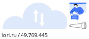 Large cloud with bidirectional arrows, a person holding a cashback sign, and a telescope. Ideal for cloud computing, data transfer, online savings, exploration, and future technology themes. Cloud Storage Data Transfer Concept with Cashback and Telescope Elements. Стоковая иллюстрация, агентство Ingram Publishing / Фотобанк Лори