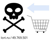 Black skull and crossbones next to a white shopping cart with an arrow pointing left. Ideal for caution, consumer awareness, shopping, health risks, and warnings-related themes. Simple vector style. Skull and Crossbones with Shopping Cart and Arrow Indicating Potential Danger. Стоковая иллюстрация, агентство Ingram Publishing / Фотобанк Лори