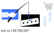 A hand holding a phishing hook catching a password, with a shopping cart and arrows. Ideal for cybersecurity, online shopping, data protection, phishing awareness, digital security education. Cybersecurity Concept of Data Protection and Online Shopping Security Measures with Phishing Illustration. Стоковая иллюстрация, агентство Ingram Publishing / Фотобанк Лори