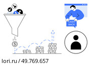 Funnel with people icons directing money into stacks of coins. Person holding cashback sign and user icon in circles. Ideal for marketing, customer retention, engagement, loyalty programs, revenue. Digital Marketing Funnel with Customer Engagement and Cashback Rewards. Стоковая иллюстрация, агентство Ingram Publishing / Фотобанк Лори