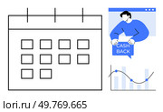 Calendar with grid, person holding Cash Back sign, and declining graph with blue nodes. Ideal for cashback promotions, financial planning, scheduling, business analysis, time management. Calendar with Cash Back and Financial Graphs in Modern Style. Стоковая иллюстрация, агентство Ingram Publishing / Фотобанк Лори