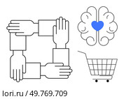 Four interlocking hands represent unity and teamwork while a brain with a heart symbolizes empathy and compassion. A shopping cart signifies consumerism. Ideal for cooperation collaboration mental. Teamwork Unity Connection Empathy Brain With Heart Shopping Cart Line Art. Стоковая иллюстрация, агентство Ingram Publishing / Фотобанк Лори