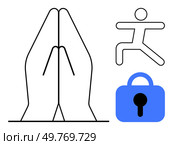 Praying hands, yoga pose, and lock symbolize prayer, meditation, health, fitness, security. Ideal for wellness, mental health, spiritual practice, safety, and mindfulness. Simplistic line art style. Praying Hands Symbol with Lock and Yoga Pose for Mindfulness, Health, and Security. Стоковая иллюстрация, агентство Ingram Publishing / Фотобанк Лори