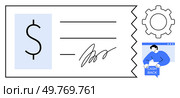 A check with a dollar symbol and signature, a gear symbol, and a person receiving cashback. Ideal for finance, banking, transactions, payment processing, and cashback promotions. Simple, clean. Financial Transaction Concept with Check and Cashback Elements. Стоковая иллюстрация, агентство Ingram Publishing / Фотобанк Лори