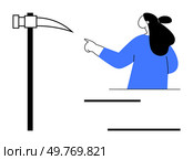Person with long hair wearing blue, pointing towards a scythe. Ideal for themes of agriculture, tools, farming, minimalism, education. Simplistic vector style with blue and black colours. Person Pointing Towards Scythe with Writing Lines Below in Minimalist Style. Стоковая иллюстрация, агентство Ingram Publishing / Фотобанк Лори