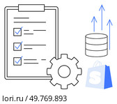 Modern style illustration of a checklist on a clipboard, a gear, a database, rising arrows, and a shopping bag. Ideal for productivity, business processes, data management, online shopping. Business Productivity Visualization with Checklist, Gear, Database, Arrows, and Shopping Bag. Стоковая иллюстрация, агентство Ingram Publishing / Фотобанк Лори