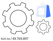Two black gears and a blue shopping bag with an S depict the combination of technology and commerce. Ideal for e-commerce tools, online shopping, digital stores, tech solutions, and retail. Gears and Shopping Bag Symbolizing E-commerce and Technology Integration. Стоковая иллюстрация, агентство Ingram Publishing / Фотобанк Лори