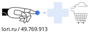 A robotic hand touches a dot connected to a medical cross and a shopping cart. Ideal for technology, healthcare, e-commerce, automation, and innovation illustrations. Clean lines and simple design. Digital Convenience in Commerce and Technology Symbolized by Hand, Medical Cross, and Shopping Cart. Стоковая иллюстрация, агентство Ingram Publishing / Фотобанк Лори