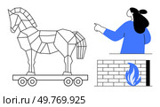 Geometric representation of a Trojan horse on wheels, a woman pointing, and a brick wall with fire. Ideal for historical themes, mythology, cybersecurity metaphors, cautionary tales, educational. Geometric Trojan Horse with Woman Pointing and Brick Fireplace. Стоковая иллюстрация, агентство Ingram Publishing / Фотобанк Лори