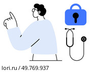 Person pointing with a raised finger, lock, and stethoscope, representing a mix of healthcare and data security themes. Ideal for medical technologies, patient confidentiality, healthcare safety. Healthcare Data Security with Stethoscope and Person Pointing for Emphasis. Стоковая иллюстрация, агентство Ingram Publishing / Фотобанк Лори