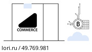 Minimalist style showing a storefront labeled commerce beside a digital Bitcoin symbol connected to blockchain technology. Ideal for e-commerce cryptocurrency digital payments blockchain technology. Digital Commerce Storefront with Bitcoin and Blockchain Technology. Стоковая иллюстрация, агентство Ingram Publishing / Фотобанк Лори