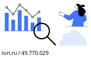 A person points towards bar and line graphs while a magnifying glass highlights data analysis. Ideal for business analytics, statistics, data visualization, market research, and trend analysis. Business Analysis with Bar and Line Graphs and Data Review. Стоковая иллюстрация, агентство Ingram Publishing / Фотобанк Лори