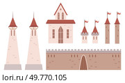 Medieval architectural elements including towers, a castle wall, fortified buildings, and turrets with flags. Ideal for history themes, architecture enthusiasts, educational resources, fantasy. Collection of Medieval Castle Elements with Towers and Fortified Walls in Minimalistic Design. Стоковая иллюстрация, агентство Ingram Publishing / Фотобанк Лори