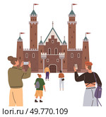 Tour group exploring medieval castle, capturing photos with smartphones. Elegant brick structure with tall towers and flags completes historical setting. Ideal for tourism, cultural heritage. Tourists Visit Historical Castle with Smartphones on a Sunny Day. Стоковая иллюстрация, агентство Ingram Publishing / Фотобанк Лори