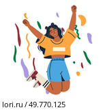 Celebration concept. A young girl in colorful casual clothes joyfully jumps with her arms raised surrounded by vibrant confetti. Ideal for celebrating success, joy, festivals, parties, and youth. Happy Girl Jumping with Joy and Confetti. Стоковая иллюстрация, агентство Ingram Publishing / Фотобанк Лори