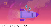 Two small astronauts stand on top of a purple rocket flying through a pink-toned outer space filled with stars, comets, and nebulous clouds. Ideal for space exploration, adventure, childrens books. Two Astronauts on Rocket in Pink Outer Space with Comets and Stars. Стоковая иллюстрация, агентство Ingram Publishing / Фотобанк Лори