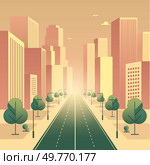 A serene sunrise fills the sky above a cityscape featuring tall skyscrapers and a wide street lined with evenly spaced trees. Ideal for urban life, city planning, modern architecture, sunrise in the. Sunrise Urban Landscape with Skyscrapers and Street Lined with Trees. Стоковая иллюстрация, агентство Ingram Publishing / Фотобанк Лори