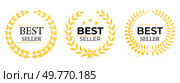 Three golden laurel wreath designs with the words Best Seller in the center Ideal for product promotions, awards, certifications, achievement recognitions, and marketing materials Simple modern design. Best Seller Badges with Golden Laurel Wreaths. Стоковая иллюстрация, агентство Ingram Publishing / Фотобанк Лори