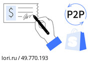 Hand holding a pen signing a document with dollar symbol, blue shopping bag, and P2P circular arrow symbol. Ideal for commerce, finance, e-commerce, peer-to-peer transactions, digital payments. Hand Signing Document with Shopping and Peer-to-Peer Elements in Simple Illustration. Стоковая иллюстрация, агентство Ingram Publishing / Фотобанк Лори