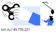 A hand holds a black fidget spinner with motion lines to indicate spinning. A person points upwards towards a musical note. Ideal for stress relief, focus, music, creativity, and relaxation. Simple. Hand Holding Black Fidget Spinner with Person Pointing Upward in Blue and White Minimalist Style. Стоковая иллюстрация, агентство Ingram Publishing / Фотобанк Лори