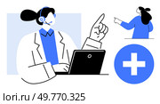 Medical professional sitting at a desk wearing a headset participating in a virtual consultation. Ideal for telemedicine, online healthcare, medical advice, health technology, virtual consultation. Medical Professional Using Laptop with Headset and Health Symbol. Стоковая иллюстрация, агентство Ingram Publishing / Фотобанк Лори