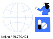Person pointing with simplified globe and medical pill symbol. Ideal for healthcare, communication, global outreach, medical education, pharmaceutical industries. Minimalist line art style. Stylized Vector of Person Pointing at a Medical Pill Symbol and Simplified Globe. Стоковая иллюстрация, агентство Ingram Publishing / Фотобанк Лори