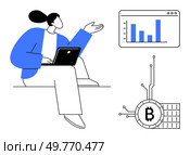 A woman sits holding a laptop and gestures toward a cryptocurrency chart and Bitcoin symbol. Ideal for themes about blockchain technology, digital finance, investment, data analysis. Businesswoman with Laptop and Cryptocurrency Chart for Data Analysis and Digital Finance. Стоковая иллюстрация, агентство Ingram Publishing / Фотобанк Лори
