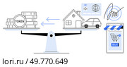 A balance scale compares digital tokens with physical assets like a house and car. Blue arrows indicate exchange. Ideal for cryptocurrency, digital economy, e-commerce, investment, and asset. Balancing Digital Tokens with Physical Assets in E-commerce Transactions. Стоковая иллюстрация, агентство Ingram Publishing / Фотобанк Лори